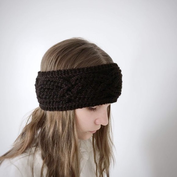 2 Knitted Headbands in Dark Brown Cabled + Textured Handmade Soft Cozy Accessory main image 4
